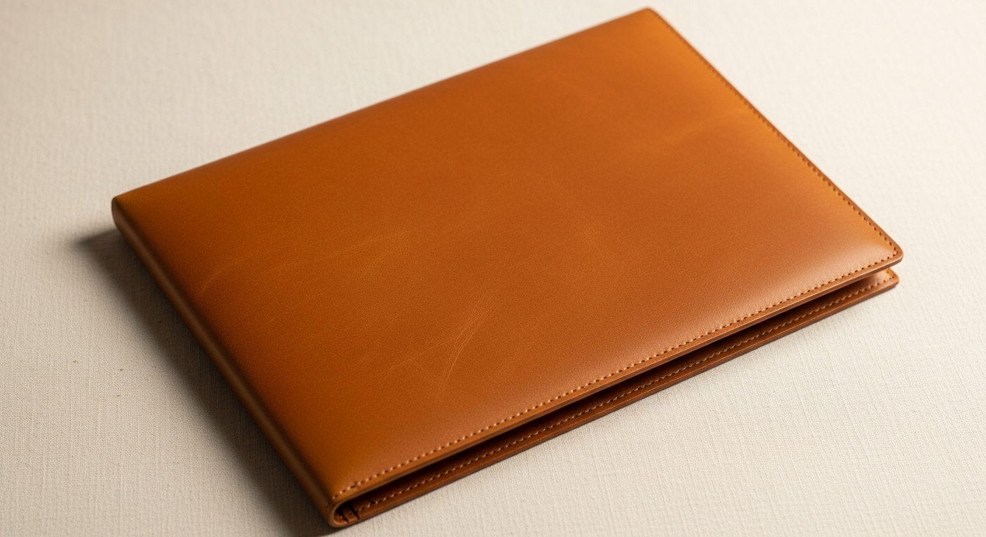 AI_IMAGE: A slim leather document portfolio in rich honey-brown colour, lying flat on a cream linen surface, shot from above at a slight angle, soft diffused studio lighting, minimal clean background, warm editorial photography | photorealistic | landscape