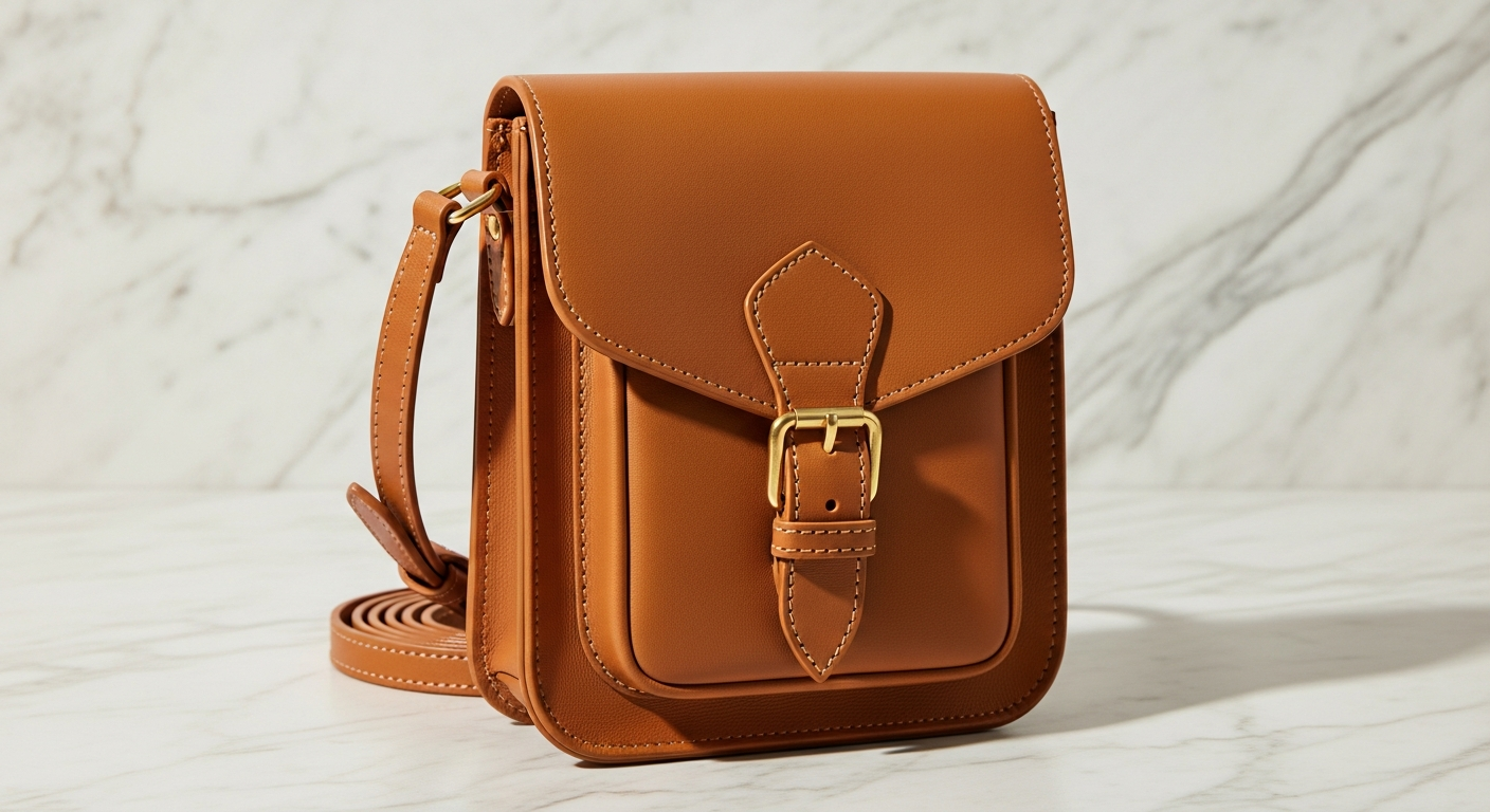 AI_IMAGE: A compact tan leather crossbody satchel with brass buckle closure, placed upright on pale marble surface, soft natural studio lighting, warm neutral tones, clean editorial product photography | photorealistic | landscape
