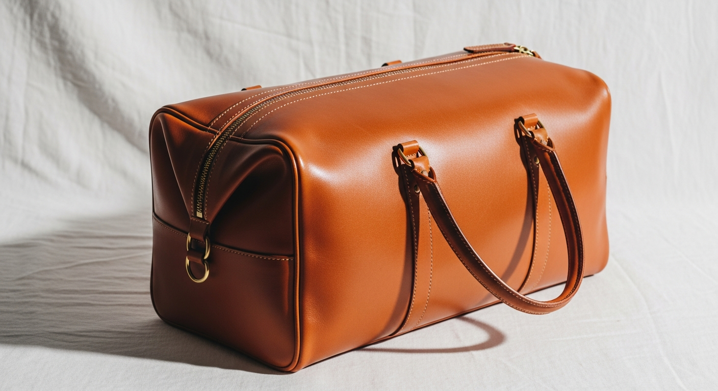 AI_IMAGE: A structured cognac-brown leather weekender bag lying on its side on a white linen surface, minimalist studio shot with soft directional light from the left, clean background, warm tones, editorial photography style | photorealistic | landscape