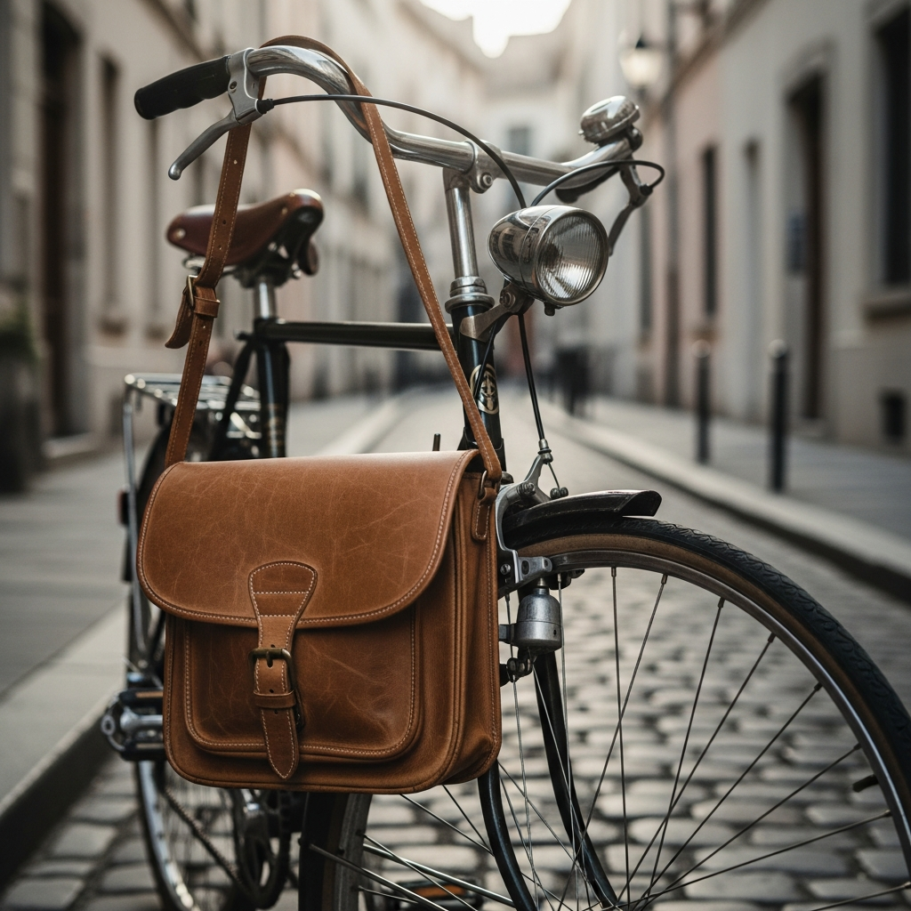 AI_IMAGE: Close-up of a tan leather crossbody satchel hanging from the handlebars of a vintage bicycle on a cobblestone street, soft morning light, European city backdrop blurred in background, warm muted tones, editorial street photography | photorealistic | square