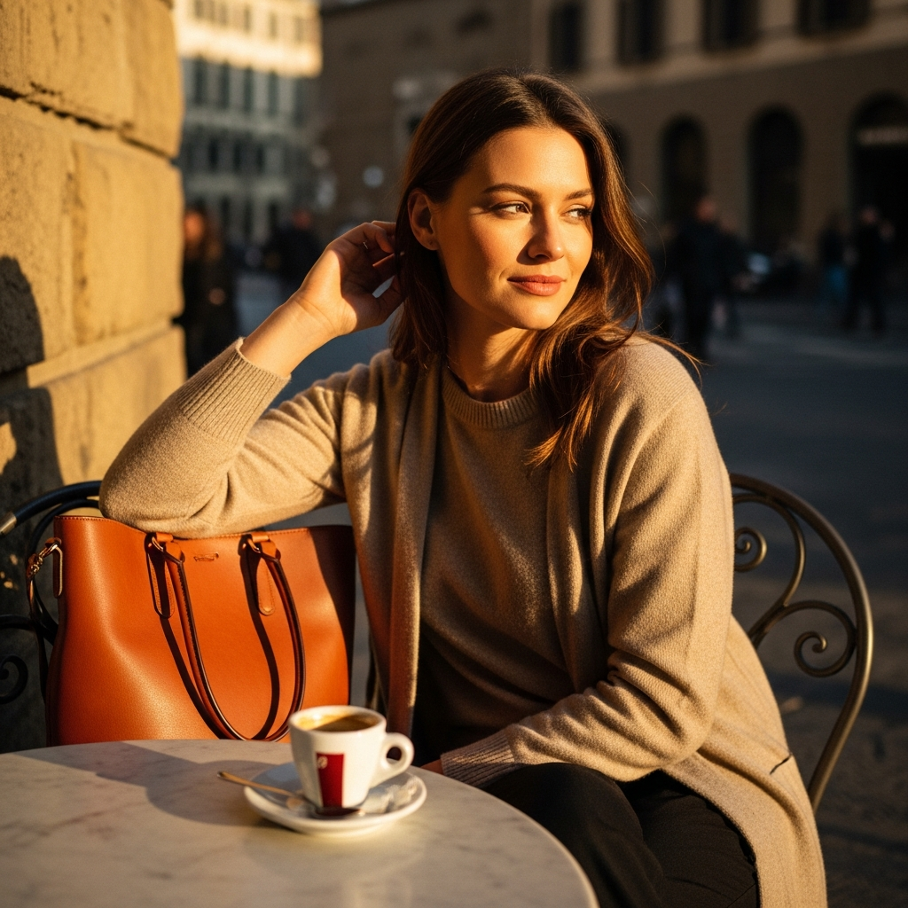 AI_IMAGE: A woman sitting at a sunlit sidewalk cafe in Florence with a cognac leather tote bag resting against the iron chair leg, espresso cup on marble table, warm golden hour light, shallow depth of field, candid editorial lifestyle photography | photorealistic | square
