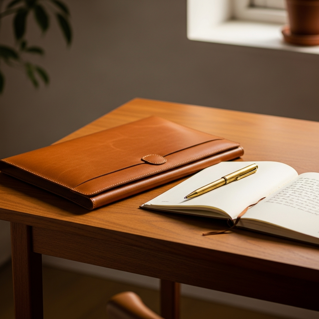 AI_IMAGE: A honey-brown leather portfolio resting on a mid-century modern wooden desk next to an open notebook and a brass pen, warm interior light from a nearby window, minimal scandinavian office setting, editorial still life photography | photorealistic | square