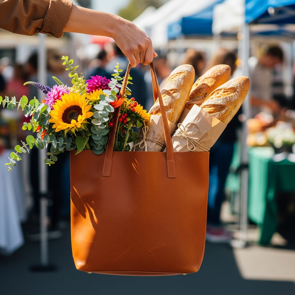 AI_IMAGE: A hand holding a cognac leather tote bag filled with fresh flowers and wrapped bread at an outdoor farmers market, warm natural daylight, shallow depth of field with colourful market stalls blurred behind, candid editorial lifestyle shot | photorealistic | square