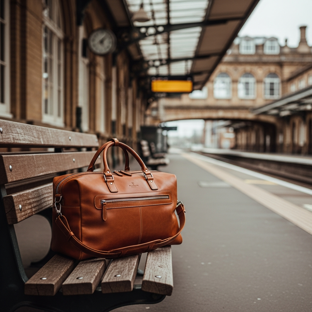 AI_IMAGE: A cognac leather weekender bag on a wooden bench at a quiet train station platform, soft overcast light, travel setting with blurred vintage architecture in background, muted warm colour palette, cinematic editorial lifestyle photography | photorealistic | square