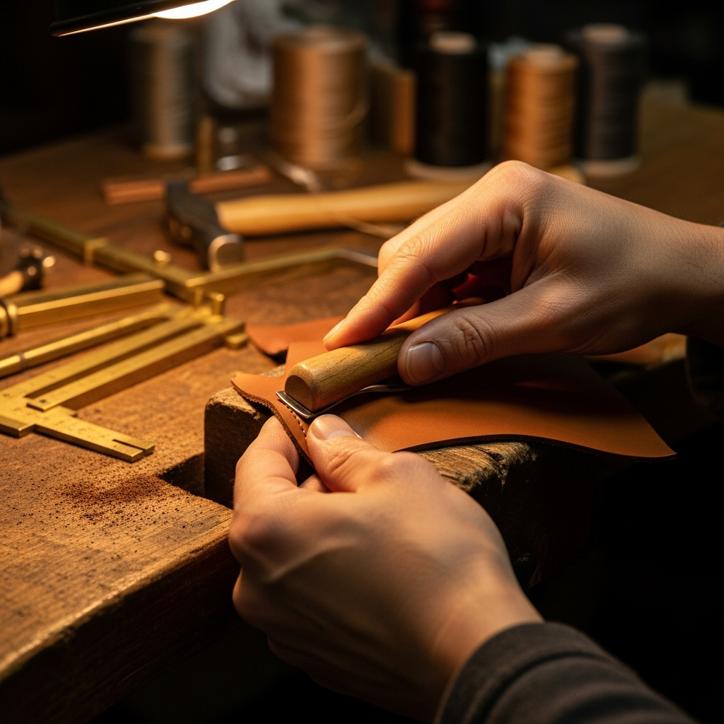 AI_IMAGE: Close-up of artisan hands burnishing the edge of a cognac leather piece on a worn wooden workbench, with brass tools and thread spools softly blurred in the background, warm amber workshop light from a single overhead lamp, rich earthy tones, editorial craft documentary photography | photorealistic | square
