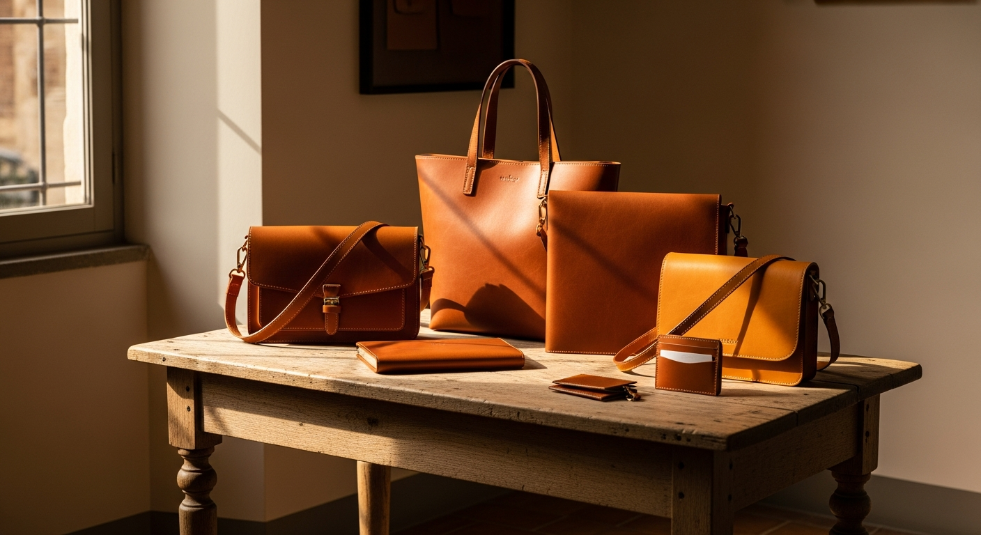 AI_IMAGE: A curated arrangement of multiple handcrafted leather goods on a weathered antique oak table in a Florentine atelier | photorealistic | landscape