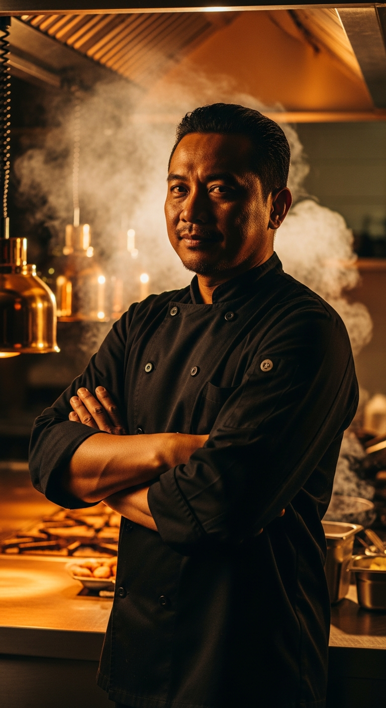 AI_IMAGE: A cinematic portrait of a professional Indonesian male chef in his 40s wearing a dark chef coat, standing in a moody kitchen with warm tungsten lighting, arms crossed confidently, smoke and steam in background, dramatic side lighting creating deep shadows, rich warm tones | photorealistic | portrait