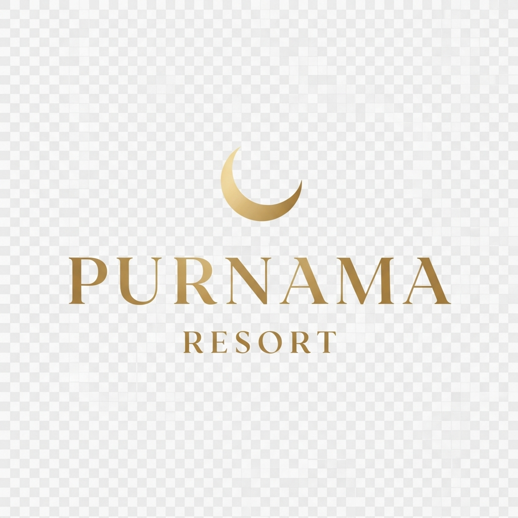 AI_IMAGE: A luxury tropical resort logo in soft gold on transparent background, text reads Purnama Resort with a crescent moon motif, elegant serif typography, refined and luxurious hospitality branding | minimalist | square