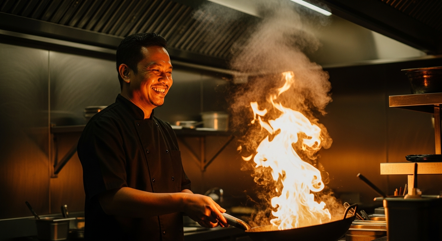 AI_IMAGE: Cinematic medium shot of an Indonesian male chef in his 40s smiling warmly while cooking in a professional kitchen, wearing a dark chef coat, flames rising from a wok, steam and smoke swirling in warm tungsten lighting, stainless steel kitchen background with dramatic side lighting and deep shadows, joyful and confident expression, rich warm tones of amber and gold | photorealistic | landscape