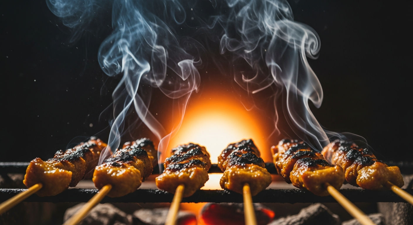 AI_IMAGE: A dramatic close-up of marinated satay skewers over glowing charcoal embers, smoke rising in atmospheric wisps, dark background with warm orange glow from the coals, professional food photography style | photorealistic | landscape