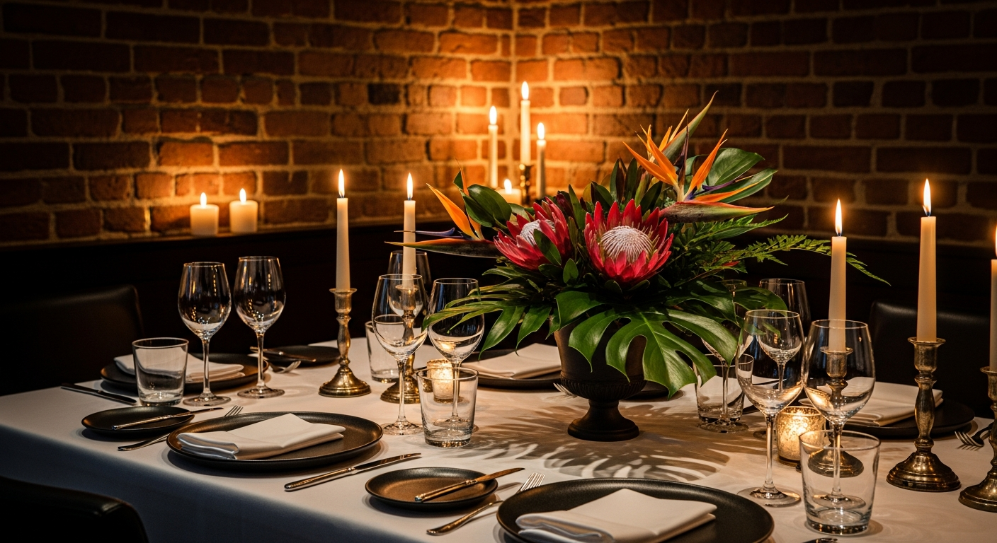 AI_IMAGE: An intimate private dining table set for six in a dimly lit room with exposed brick walls, candlelight reflecting off fine glassware and dark ceramic plates, lush tropical flower arrangement as centerpiece, warm moody atmosphere | photorealistic | landscape