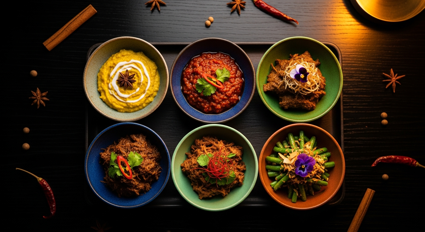 AI_IMAGE: Overhead shot of an elegant tasting platter with small ceramic bowls of Indonesian spice-infused dishes arranged on a dark wood surface, warm amber lighting, fine dining presentation with edible flowers and microgreens, moody atmosphere | photorealistic | landscape