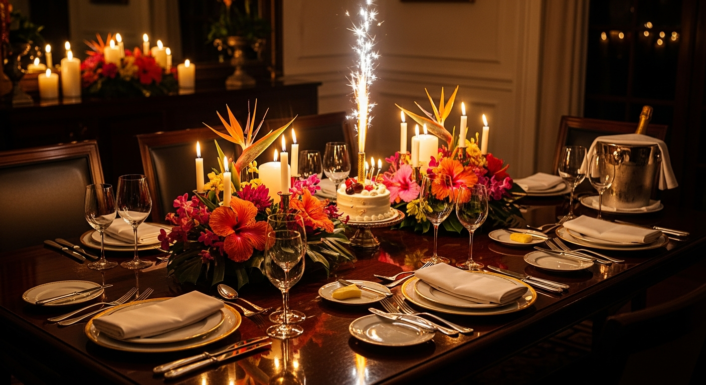 AI_IMAGE: Intimate birthday celebration dinner at a beautifully set table for eight, dark wood table with flickering candles, small elegant cake with sparkler, tropical flowers, warm tungsten lighting creating deep shadows, rich and festive yet refined atmosphere | photorealistic | landscape