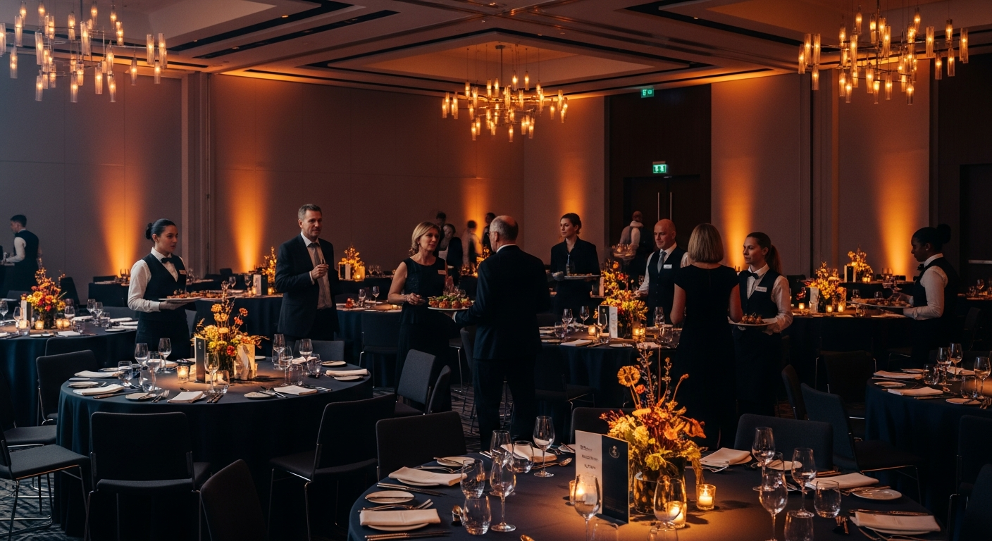 AI_IMAGE: Sophisticated corporate gala dinner in a modern ballroom, round tables with dark linens and centerpieces, professional atmosphere with dramatic uplighting in warm amber tones, executives mingling, high-end catering presentation visible, cinematic moody lighting | photorealistic | landscape