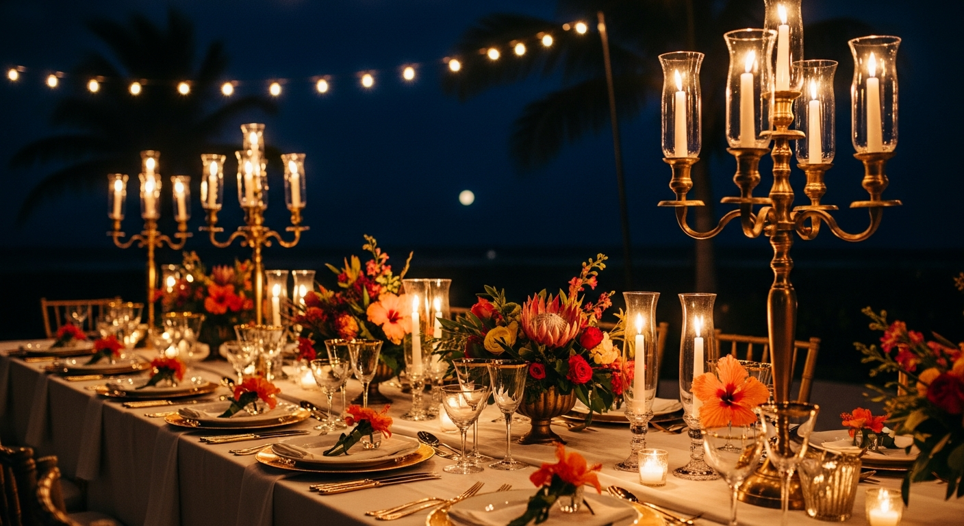 AI_IMAGE: Elegant outdoor wedding reception dinner table set for a tropical evening, long banquet table with candelabras and lush floral arrangements, warm string lights overhead, dark night sky, romantic moody atmosphere with warm amber glow, fine dining setup with gold accents | photorealistic | landscape