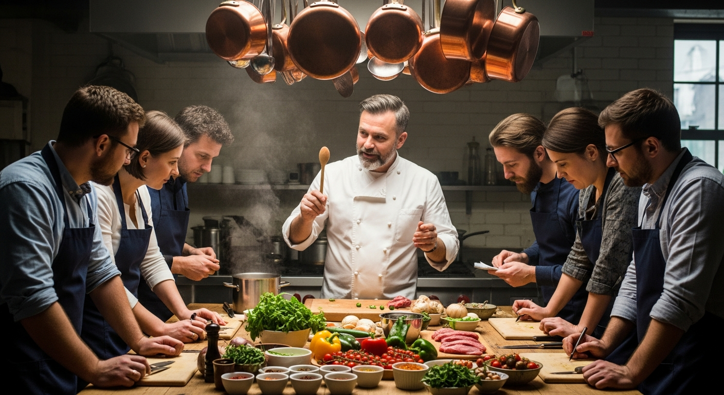 AI_IMAGE: Chef teaching a small group of adults in an atmospheric cooking workshop, students gathered around a wooden prep table with fresh spices and ingredients, warm moody kitchen with copper pots hanging, tungsten lighting, hands-on demonstration, engaged and focused atmosphere | photorealistic | landscape